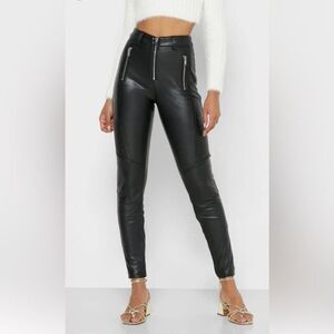 Women's TOPSHOP Vegan Leather Black Moto Zip Pocket Skinny Pants SZ 6
